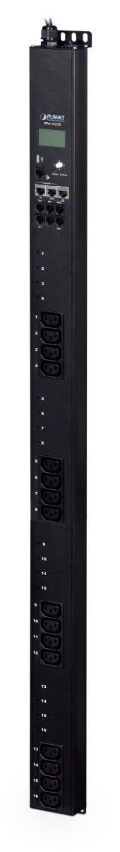 Vertical IP-based 16-port Switched Power Manager with 2 Cascaded Ports (AC 100-240V, 32A max. input, IEC60309 receptacle, 16 IEC C13 outlet 10A max. output, LCD