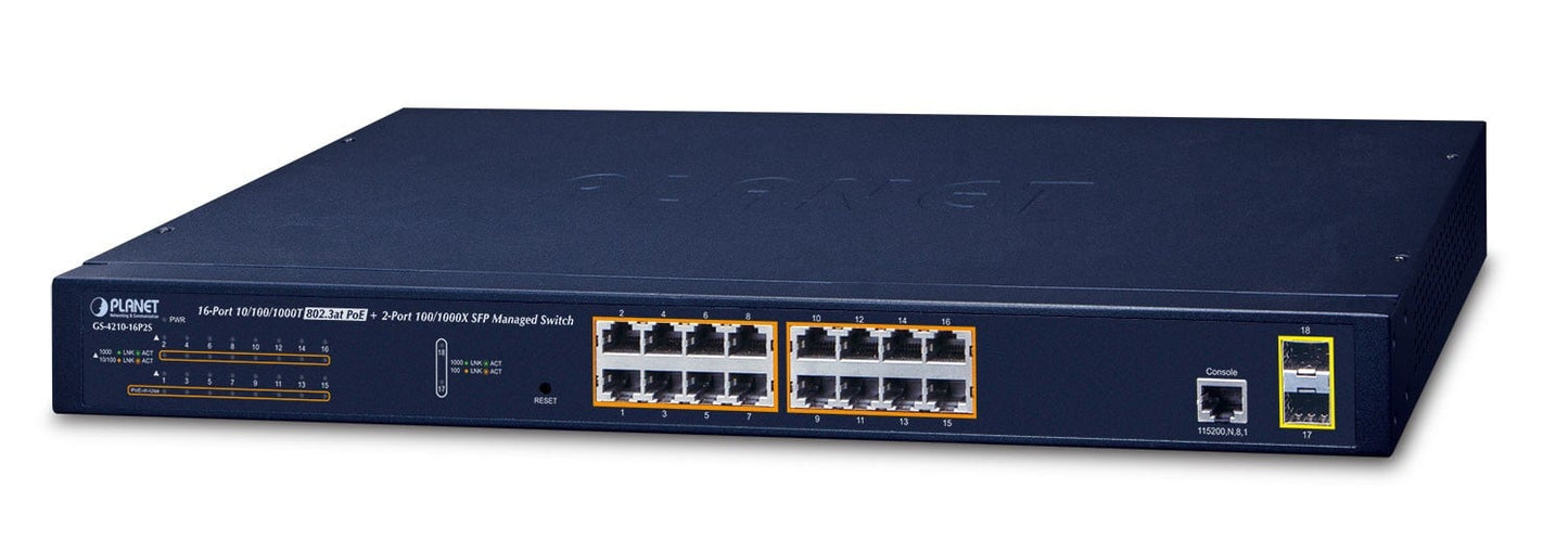 Planet GS-4210-16P2S IPv6/IPv4, 16-Port Managed 802.3at PoE+ Gigabit Ethernet Switch + 2-Port 100/1000X SFP (220W PoE budget, supports ERPS Ring, CloudViewer ap