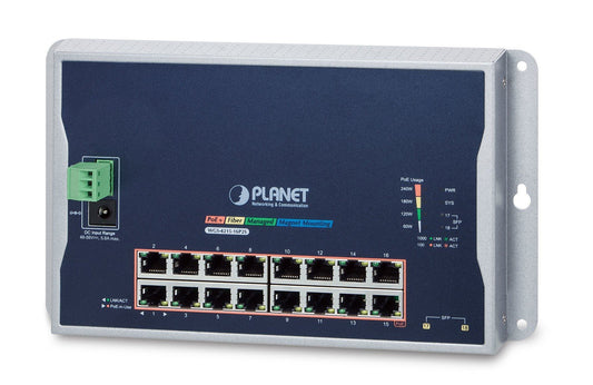 Planet WGS-4215-16P2S IP30, IPv6/IPv4, 16-Port 1000T 802.3at PoE + 2-Port 100/1000X SFP Wall-mount Managed Ethernet Switch (-10 to 60 C, dual power input on 48-
