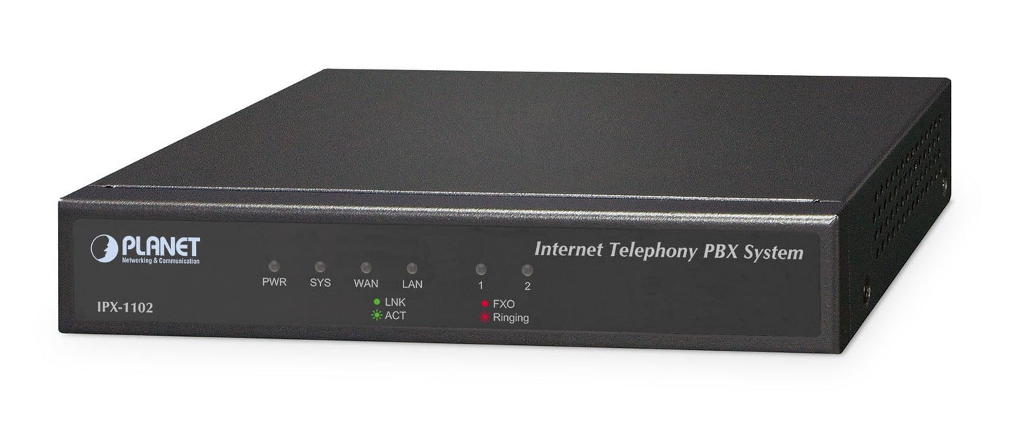 Planet IPX-1102 100 User Asterisk base Advance IP PBX with 2 FXO interface, IETF SIP/IAX2, T.38 FoIP, TLS/SRTP, IP Stackable, TR069, VPN, IPv6, SNMP and up to 5