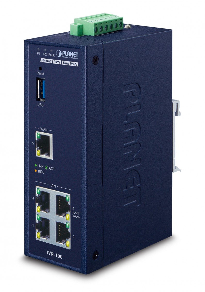 Planet IVR-100 Industrial 5-Port 10/100/1000T VPN Security Gateway: Dual-WAN Failover and Load Balancing, Cyber Security, SPI Firewall, Content Filtering, DoS A