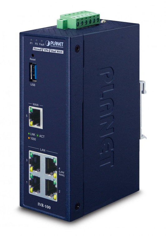 Planet IVR-100 Industrial 5-Port 10/100/1000T VPN Security Gateway: Dual-WAN Failover and Load Balancing, Cyber Security, SPI Firewall, Content Filtering, DoS A