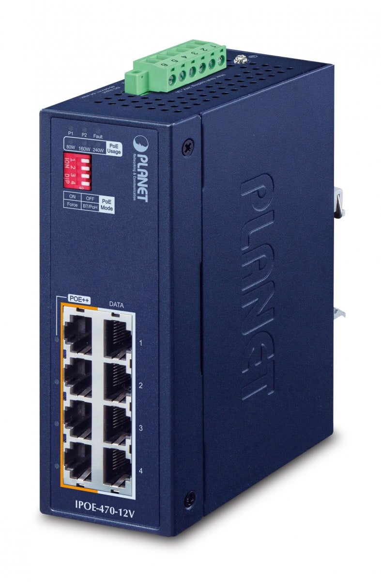 Planet IPOE-470-12V IP30 Industrial 4-port 10/100/1000T 95W 802.3bt PoE++ Injector Hub w/ 12V Booster (240 Watts PoE budget, PoE Usage LED, BT/Legacy DIP switch