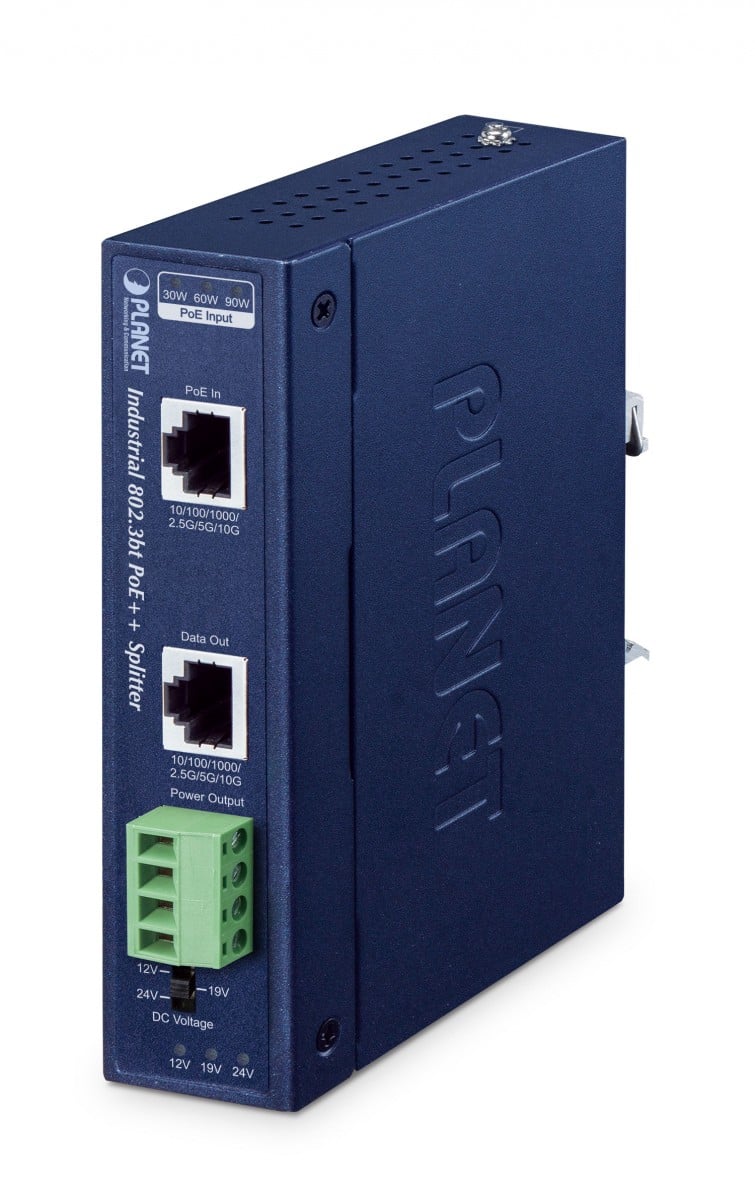 Planet IPOE-176S IP30, Industrial Single-Port 10Gbps 802.3bt PoE++ Splitter - 12V,19 & 24V DC output (-40~75 degrees C, 802.3bt type 4 PD, supports, 10/100/1G/2