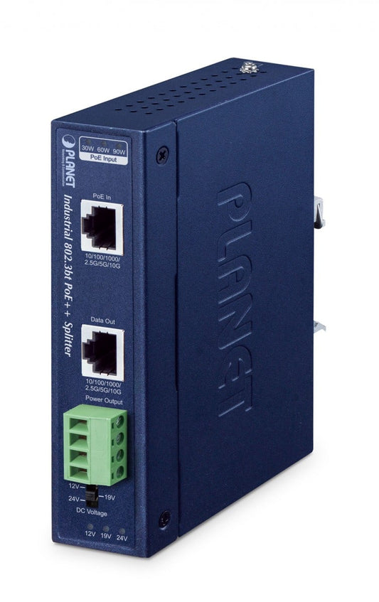 Planet IPOE-176S IP30, Industrial Single-Port 10Gbps 802.3bt PoE++ Splitter - 12V,19 & 24V DC output (-40~75 degrees C, 802.3bt type 4 PD, supports, 10/100/1G/2