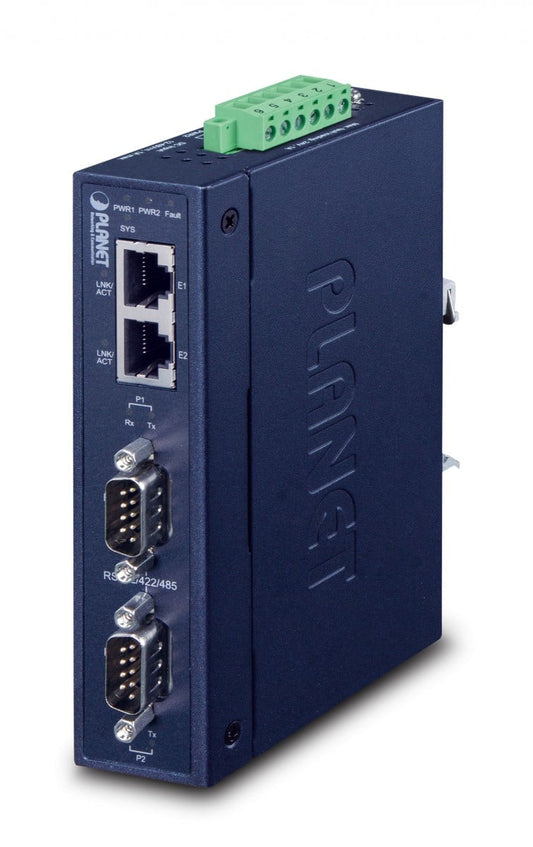 Planet ICS-2200T IP30 Industrial 2-Port RS232/RS422/RS485 Serial Device Server (2 x 10/100TX, -40~75 degrees C, 15KV isolation, dual 12~48V DC )