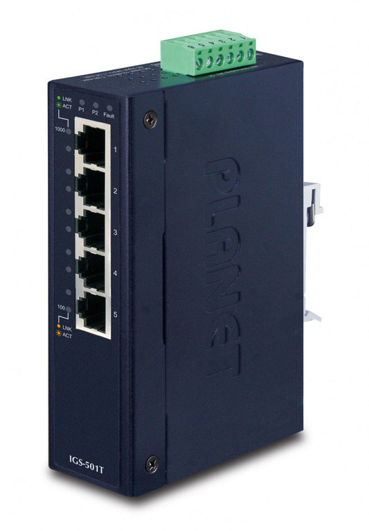 Planet IGS-501T IP30 Slim type 5-Port Industrial Gigabit Ethernet Switch (-40 to 75 degree C, dual 9~48V DC/24V AC)