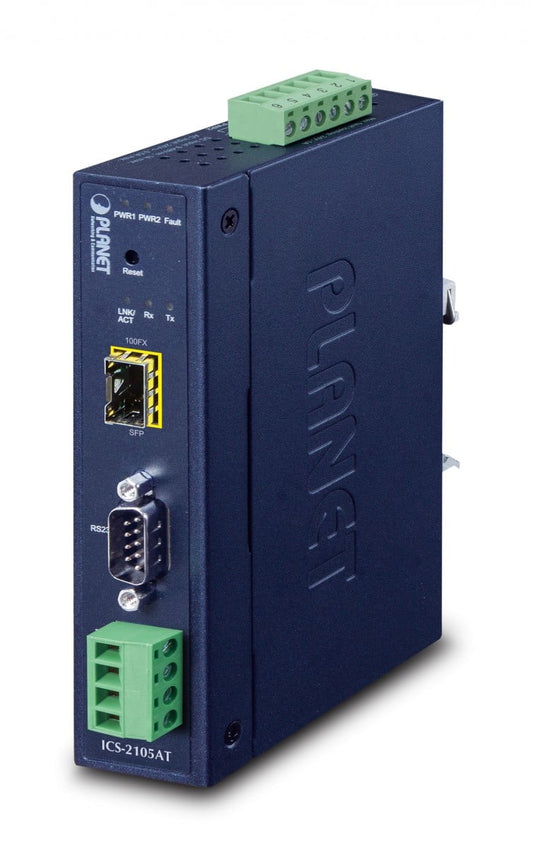 Planet ICS-2105AT IP30 Industrial 1-Port RS232/RS422/RS485 Serial Device Server (1 x 100BASE-FX SFP slot, -40~75 degrees C, dual 9~48V DC, Web, Telnet and SNMP
