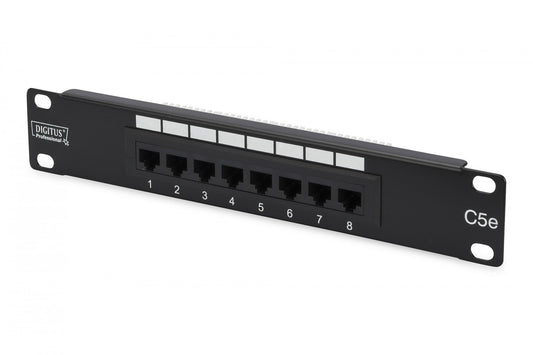 CAT 5e Patch Panel, unshielded, 8-port RJ45, 8P8C LSA, 1U, 254 mm(10")Rack Mount, black, 482x44x109