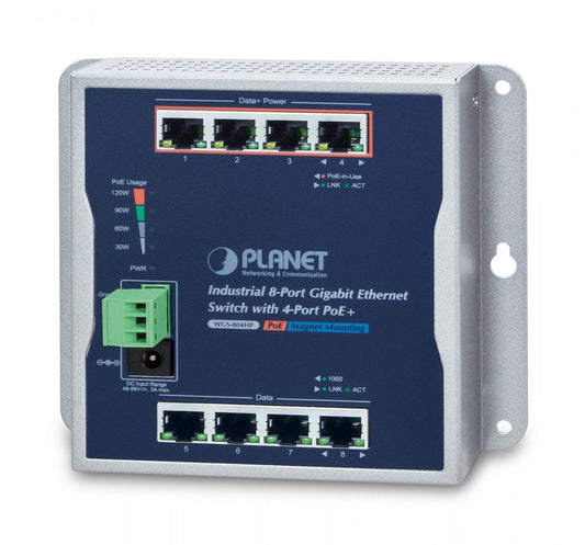 Planet WGS-804HP IP30 8-Port Gigabit Wall-mount Switch with 4-Port 802.3AT POE+ (-40 to 75 C), dual redundant power input on 48-54V DC terminal block and power
