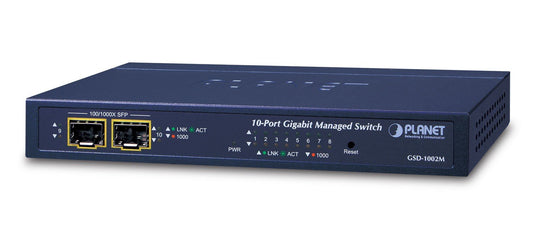 Planet GSD-1002M IPv4/IPv6 Managed 8-Port 10/100/1000Mbps + 2-Port 100/1000X SFP Gigabit Desktop Ethernet Switch (POE PD, External PWR, SNMPv3, 802.1Q VLAN, IGM
