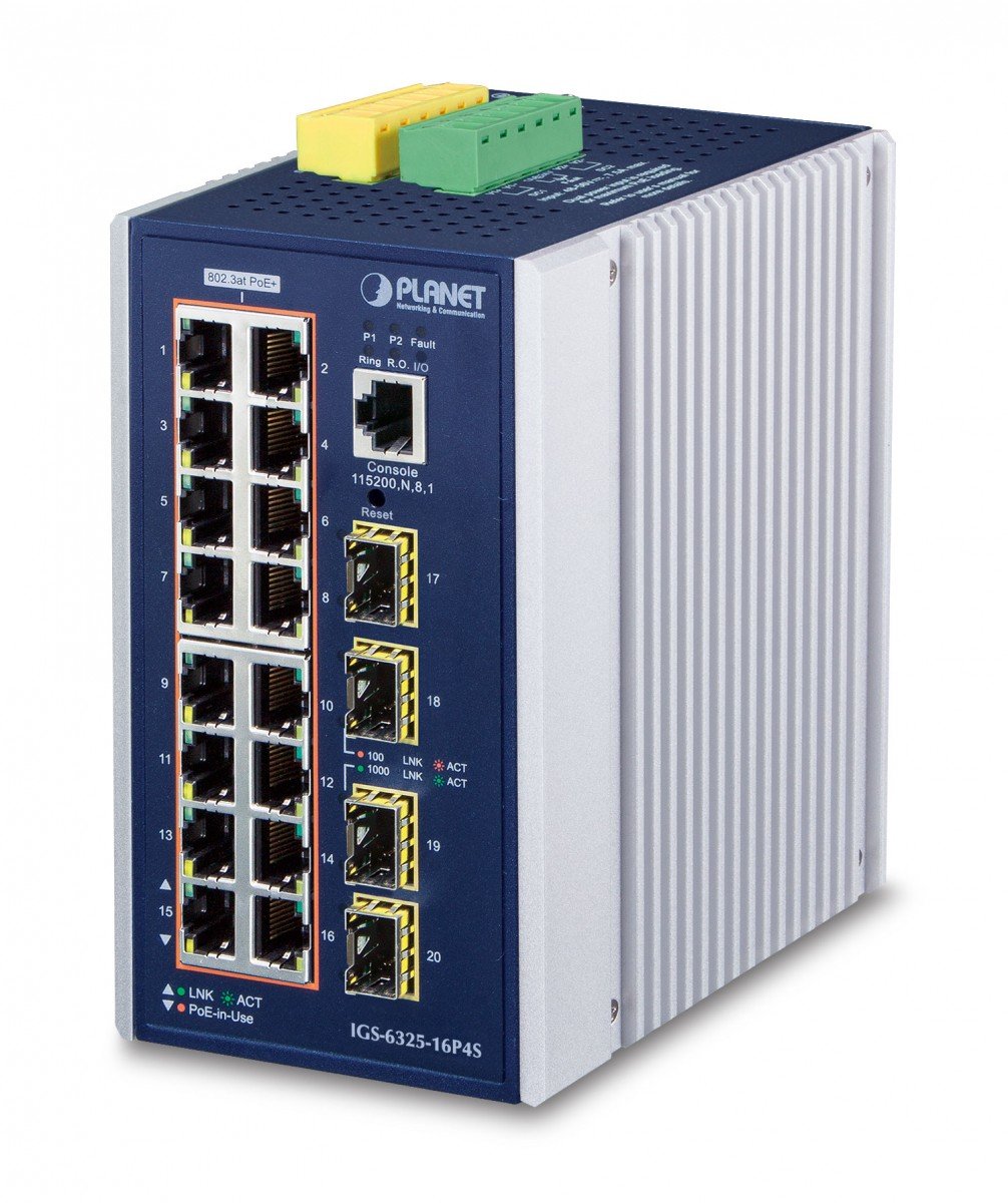 Planet IGS-6325-16P4S IP30 DIN-rail Industrial L3 16-Port 10/100/1000T 802.3at PoE + 4-port 1G/2.5G SFP Full Managed Switch (-40 to 75 C, dual redundant power i
