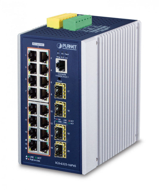 Planet IGS-6325-16P4S IP30 DIN-rail Industrial L3 16-Port 10/100/1000T 802.3at PoE + 4-port 1G/2.5G SFP Full Managed Switch (-40 to 75 C, dual redundant power i