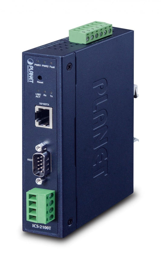 Planet ICS-2100T IP30 Industrial 1-Port RS232/RS422/RS485 Serial Device Server (1 x 10/100BASE-TX, -40~75 degrees C, dual 9~48V DC, Web, Telnet and SNMP managem
