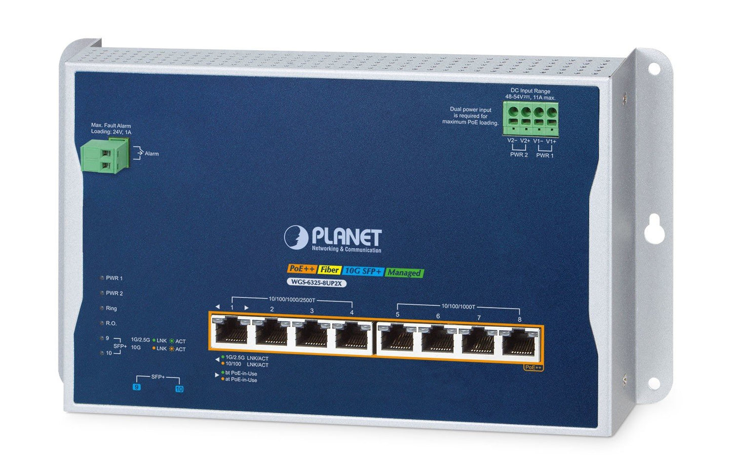 Planet WGS-6325-8UP2X IP30 Industrial L3 4-Port 2.5G 802.3bt PoE + 4-Port 10/100/1000T 802.3bt PoE + 2-Port 10G SFP+ Wall-mount Managed Switch (-40 to 75 C, 8-p