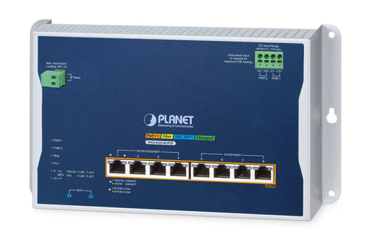 Planet WGS-6325-8UP2X IP30 Industrial L3 4-Port 2.5G 802.3bt PoE + 4-Port 10/100/1000T 802.3bt PoE + 2-Port 10G SFP+ Wall-mount Managed Switch (-40 to 75 C, 8-p