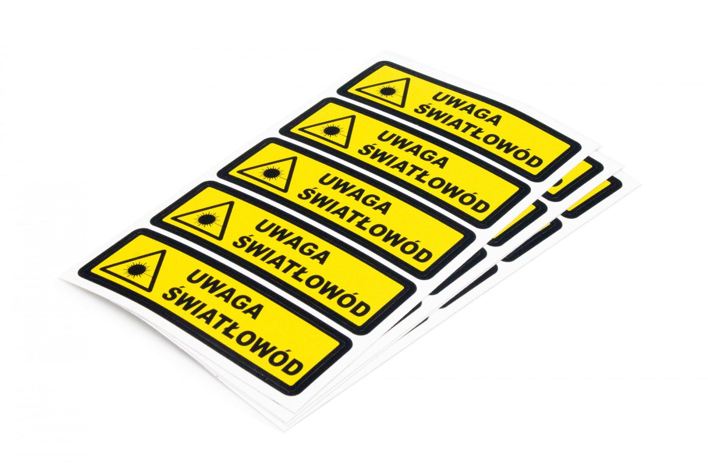 Sticker 25x100mm with a warning triangle and the text "Caution Fiber Optic," 20 pieces (4 sheets of 5 pieces each)