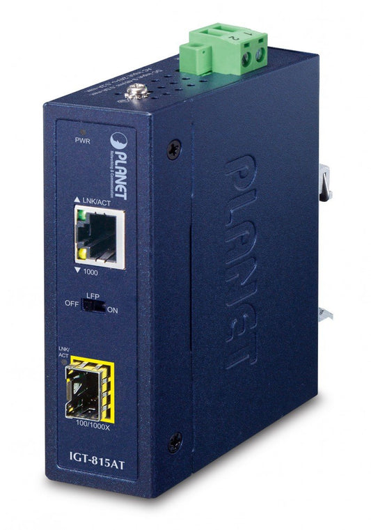 Planet IGT-815AT IP30 Compact size Industrial 100/1000BASE-X SFP to 10/100/1000BASE-T Media Converter (-40 to 75 C, LFP Supported)