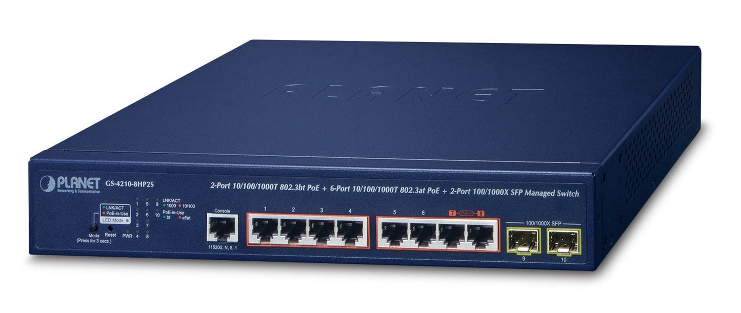 Planet GS-4210-8HP2S IPv6/IPv4, 2-Port 10/100/1000T 802.3bt 95W PoE + 6-Port 10/100/1000T 802.3at PoE + 2-Port 100/1000X SFP Managed Switch(240W PoE Budget, 250