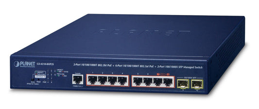Planet GS-4210-8HP2S IPv6/IPv4, 2-Port 10/100/1000T 802.3bt 95W PoE + 6-Port 10/100/1000T 802.3at PoE + 2-Port 100/1000X SFP Managed Switch(240W PoE Budget, 250