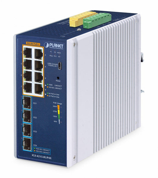 Planet IGS-4215-8UP4X IP30 Industrial L2/L4 8-Port 10/100/1000T 802.3bt PoE + 4-Port 10G SFP+ Managed Switch (-40~75 degrees C, 8-port 95W PoE++, 360W PoE budge