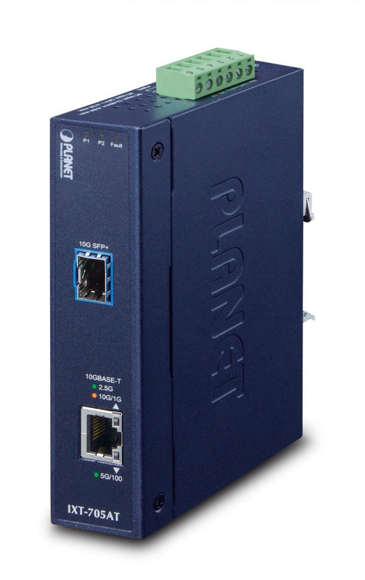 Planet IXT-705AT Industrial 10G/5G/2.5G/1G/100M Copper to 10GBASE-X SFP+ Media Converter (-40 to 75 degree C, dual redundant power input on 12-48VDC / 24VAC ter