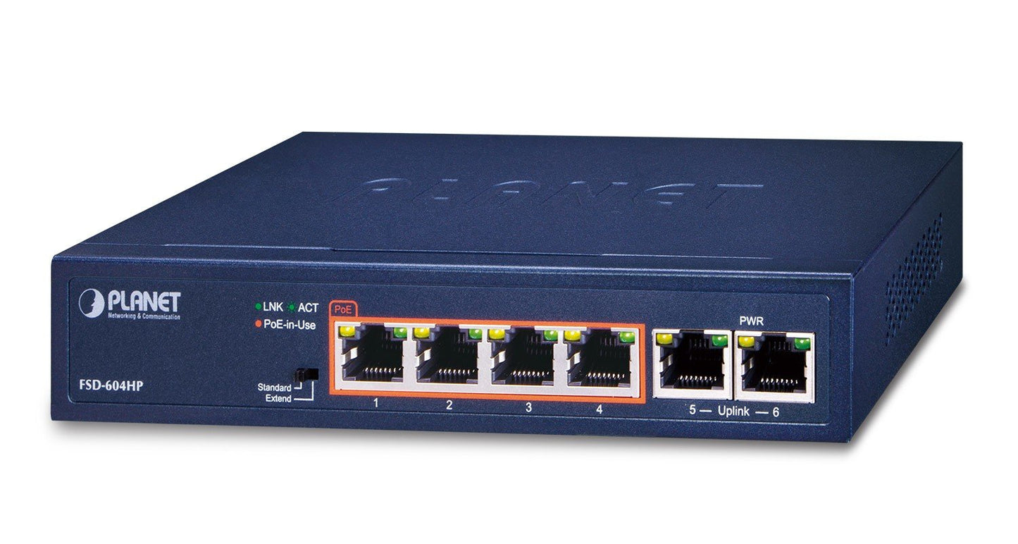 Planet FSD-604HP 4-Port 10/100TX 802.3at POE + 2-Port 10/100TX Desktop Switch (60W POE Budget, 250m Extend mode, fanless, internal Power Supply)