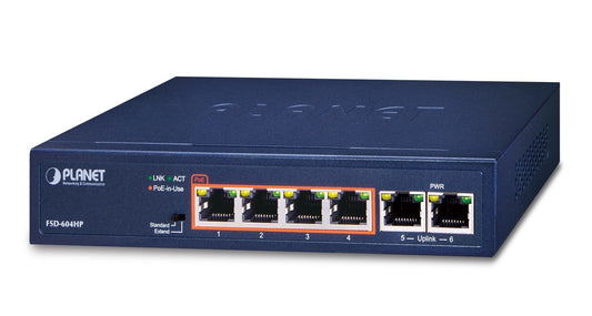 Planet FSD-604HP 4-Port 10/100TX 802.3at POE + 2-Port 10/100TX Desktop Switch (60W POE Budget, 250m Extend mode, fanless, internal Power Supply)
