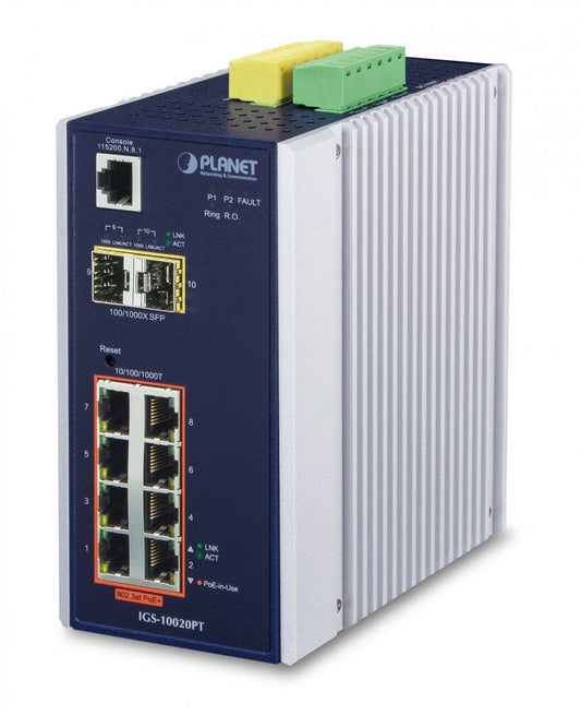 Planet IGS-10020PT IP30 Industrial L2+/L4 8-Port 1000T 802.3at PoE + 2-Port 1G/2.5G SFP Full Managed Switch (-40 to 75 C, dual redundant power input on 48~54VDC