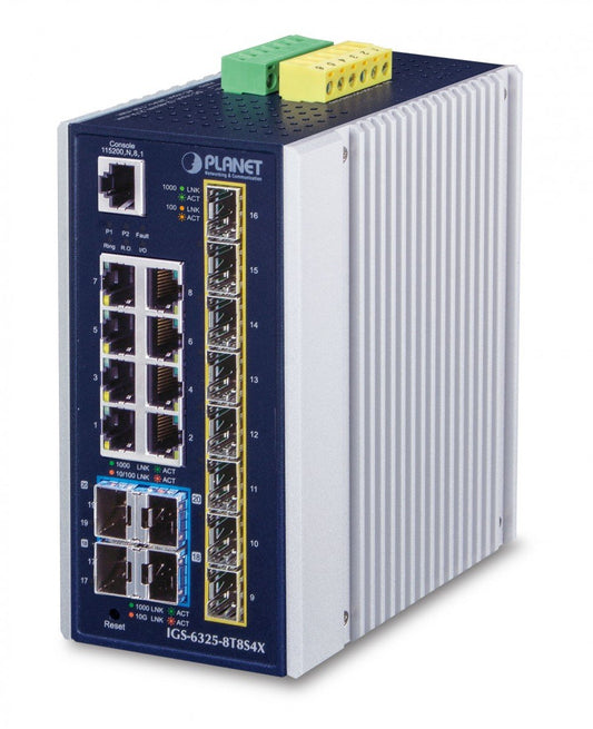 Planet IGS-6325-8T8S4X IP30 Industrial L3 8-Port 10/100/1000T + 8-port 1G/2.5G SFP + 4-Port 10G SFP+ Full Managed Switch (-40 to 75 C, dual redundant power inpu