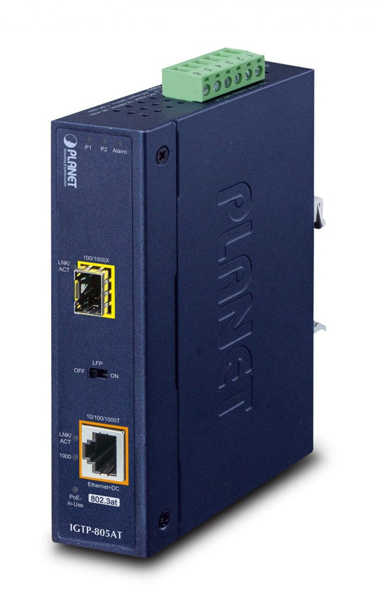Planet IGTP-805AT IP30 Industrial 10/100/1000BASE-T to 100/1000BASE-X SFP Converter with 802.3at PoE+ (-40 to 75C, 12V~48V DC power boost, LFP Supported)
