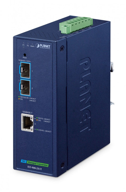 Planet IXT-900-2X1T IP40 Industrial 2-Port 10G/1GBASE-X SFP+ + 1-Port 10G/5G/2.5G/1G/100BASE-T Managed Media Converter(-40 to 75 C, dual redundant power input o