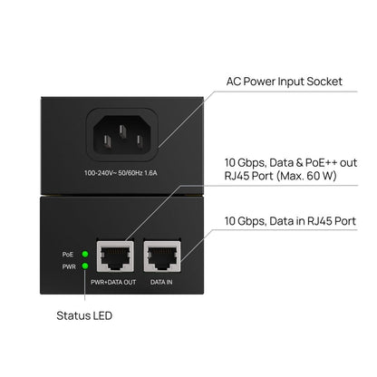 TP-Link POE370S 10G PoE Injector Adapter – 802.3af/at/bt, 60W