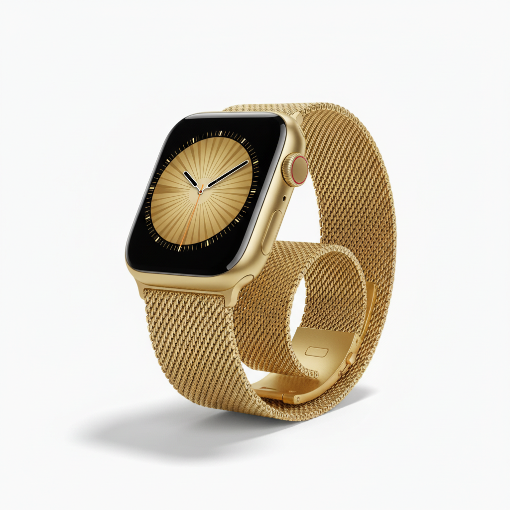 Generate 3 images of different angles. You can check the website www.mediaexpert.pl for reference. Apple Watch Series 11  GPS + Cellular 46mm  Gold Titanium Case with Gold Milanese Loop - M/L