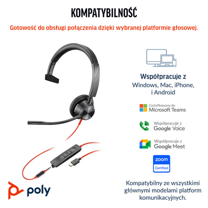 HP Inc. Poly Blackwire 3315 Monaural Microsoft Teams Certified USB-C Headset +3.5mm Plug +USB-C/A Adapter