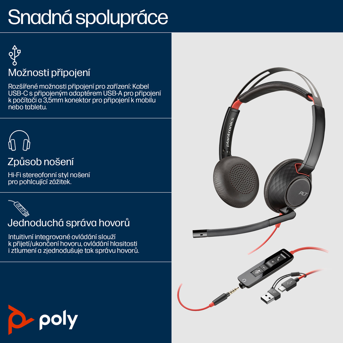 HP Inc. Poly Blackwire 5220 Stereo USB-C Headset +3.5mm Plug +USB-C/A Adapter
