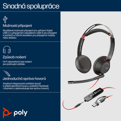HP Inc. Poly Blackwire 5220 Stereo USB-C Headset +3.5mm Plug +USB-C/A Adapter