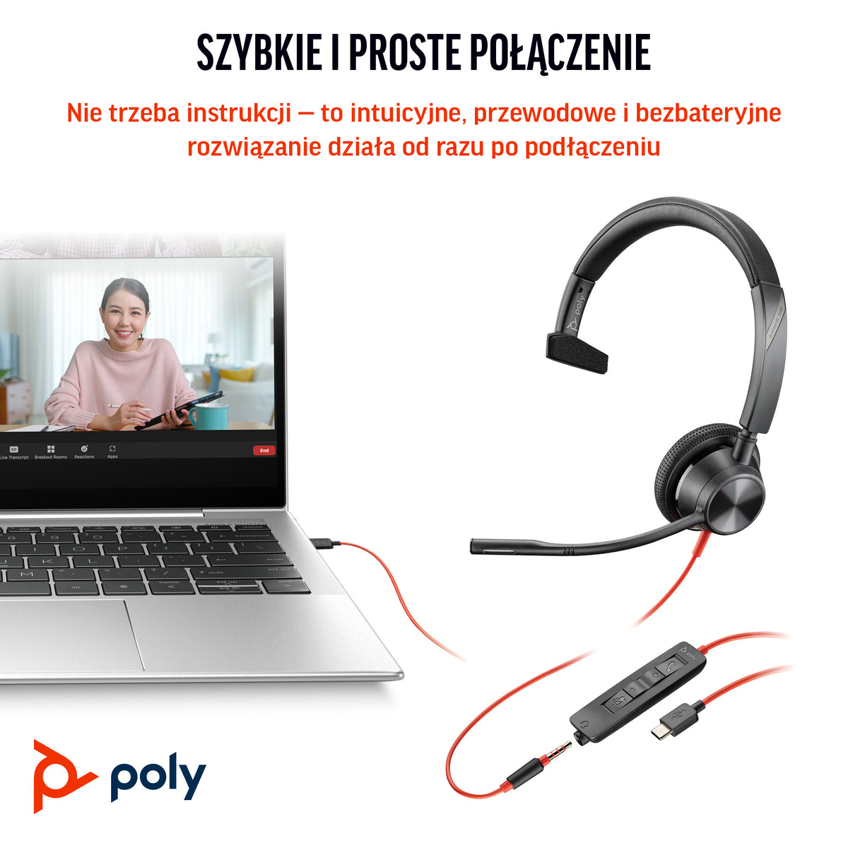 HP Inc. Poly Blackwire 3315 Monaural Microsoft Teams Certified USB-C Headset +3.5mm Plug +USB-C/A Adapter