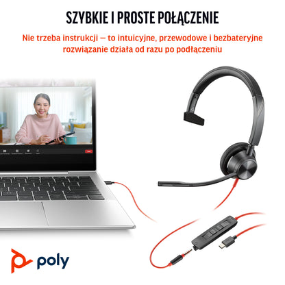 HP Inc. Poly Blackwire 3315 Monaural Microsoft Teams Certified USB-C Headset +3.5mm Plug +USB-C/A Adapter
