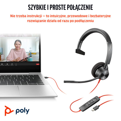HP Inc. Poly Blackwire 3310 Monaural Microsoft Teams Certified USB-C Headset +USB-C/A Adapter
