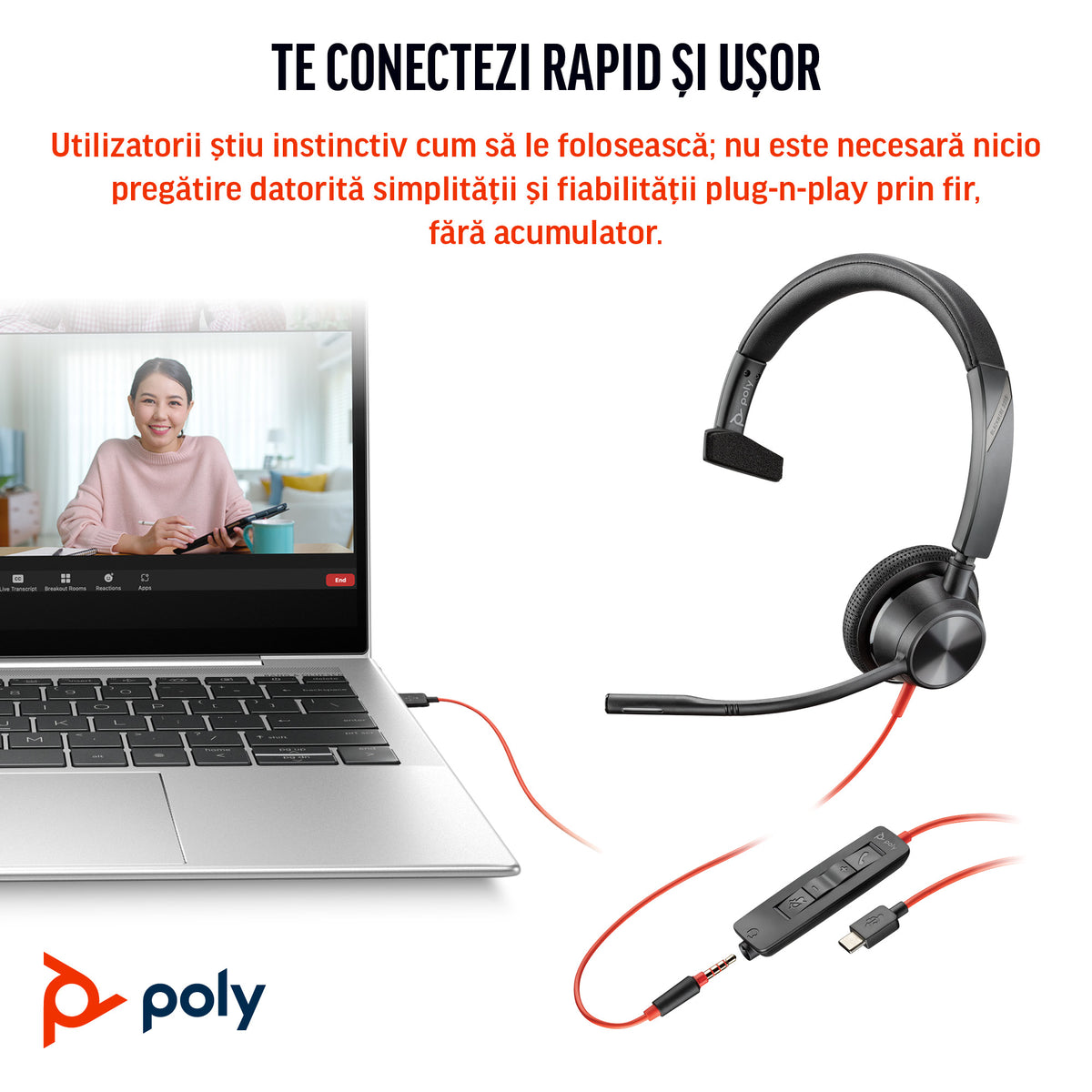 HP Inc. Poly Blackwire 3315 Monaural Microsoft Teams Certified USB-C Headset +3.5mm Plug +USB-C/A Adapter