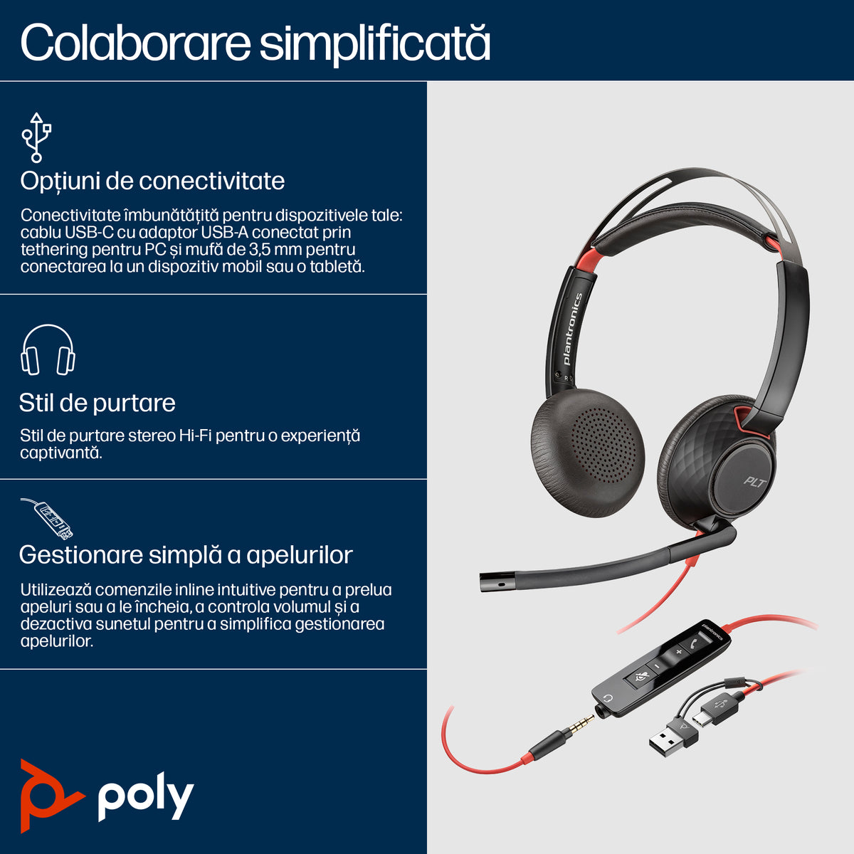HP Inc. Poly Blackwire 5220 Stereo USB-C Headset +3.5mm Plug +USB-C/A Adapter