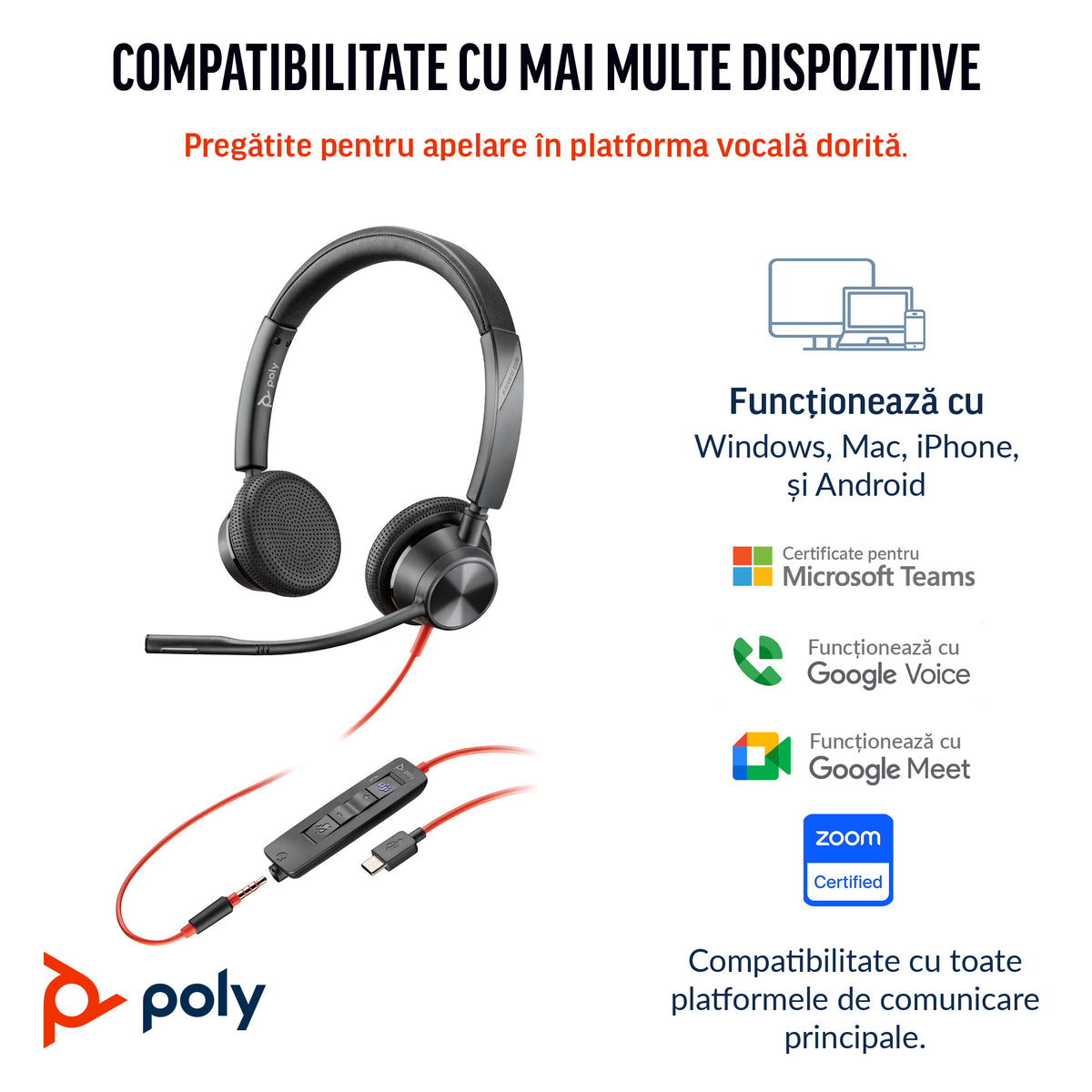 HP Inc. Poly Blackwire 3325 Stereo Microsoft Teams Certified USB-C Headset +3.5mm Plug +USB-C/A Adapter