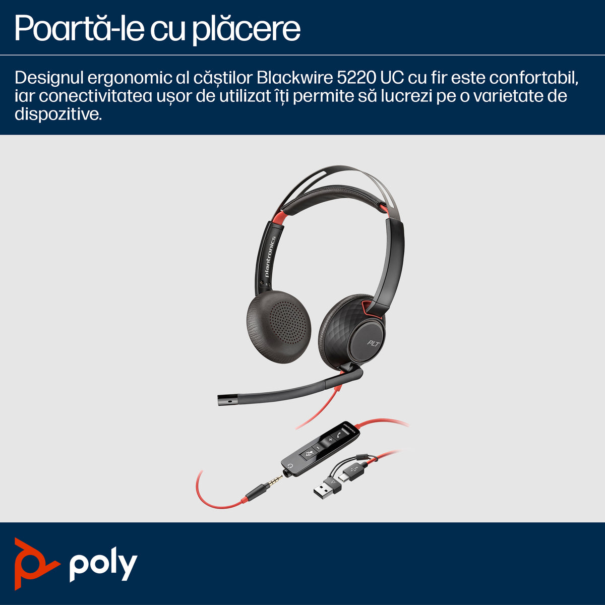 HP Inc. Poly Blackwire 5220 Stereo USB-C Headset +3.5mm Plug +USB-C/A Adapter