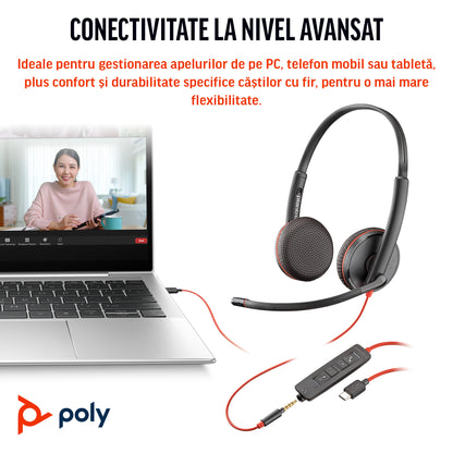 HP Inc. Poly Blackwire 3225 Stereo USB-C Headset +3.5mm Plug +USB-C/A Adapter (Bulk)