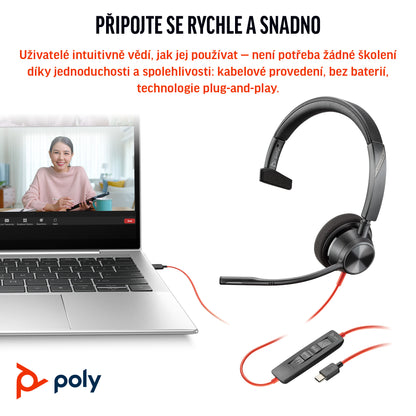 HP Inc. Poly Blackwire 3310 Monaural Microsoft Teams Certified USB-C Headset +USB-C/A Adapter