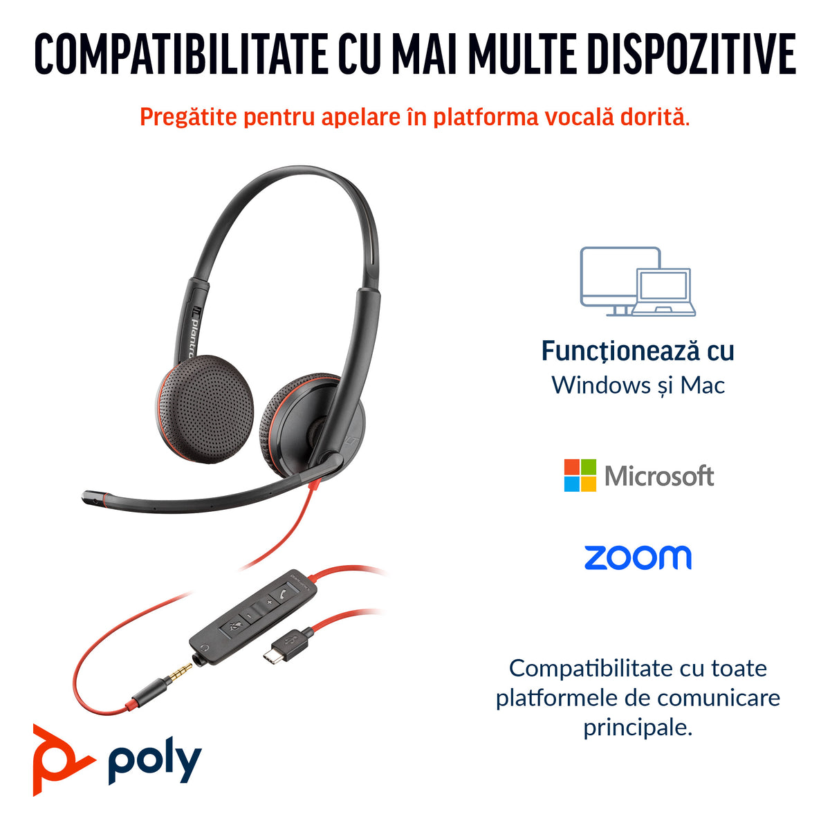 HP Inc. Poly Blackwire 3225 Stereo USB-C Headset +3.5mm Plug +USB-C/A Adapter (Bulk)