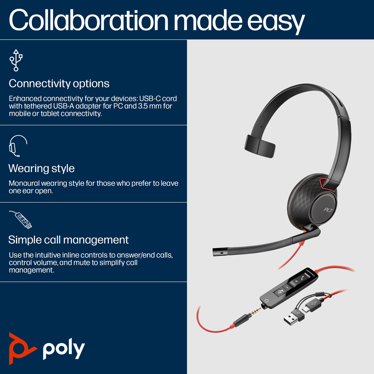 HP Inc. Poly Blackwire 5210 Monaural USB-C Headset +3.5mm Plug +USB-C/A Adapter (Bulk)