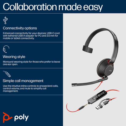 HP Inc. Poly Blackwire 5210 Monaural USB-C Headset +3.5mm Plug +USB-C/A Adapter (Bulk)