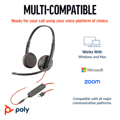 HP Inc. Poly Blackwire 3225 Stereo USB-C Headset +3.5mm Plug +USB-C/A Adapter (Bulk)